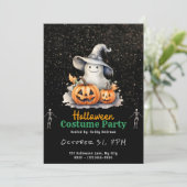 Ghost met Grey Witches Pet Zwart Halloween Kaart (Staand voorkant)