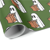 Ghost met Trick Bag of Treating op Donkergroen Cadeaupapier (Rol Hoek)