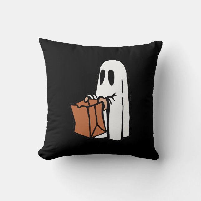 Ghost met Trick Bag of Treating op zwart Kussen (Voorkant)