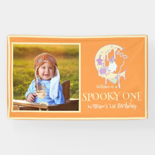 Ghost Moon Spooky One Boy Eerste Verjaardag Hallow Spandoek (Horizontaal)