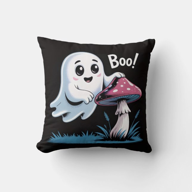 Ghost op Mushroom Cushion - Schattige Spooky Kussen (Voorkant)