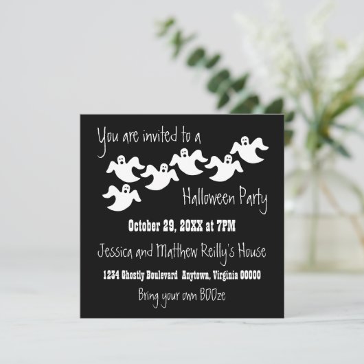 Ghost Party Halloween Uitnodiging, zwart Kaart (Staand voorkant)