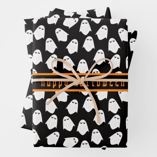 Ghost Pattern Happy Halloween Aangepaste tekst Inpakpapier Vel (In situ)