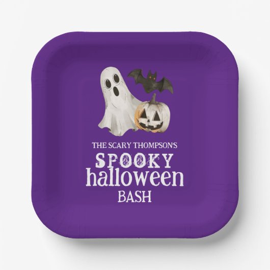 Ghost Pumpkin Bat Spooky Halloween Bash Paarse Papieren Bordje (Voorkant)