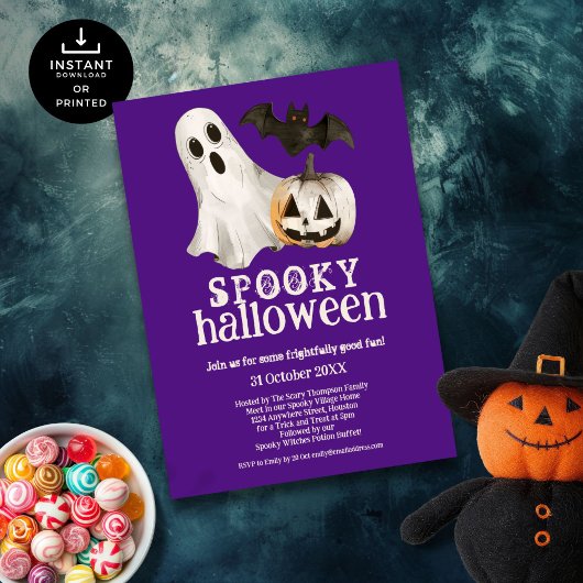 Ghost Pumpkin Bat Spooky Halloween Paarse Kaart