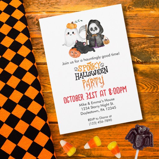 Ghost Pumpkin Grim Reaper Cute Black Cat Halloween Kaart