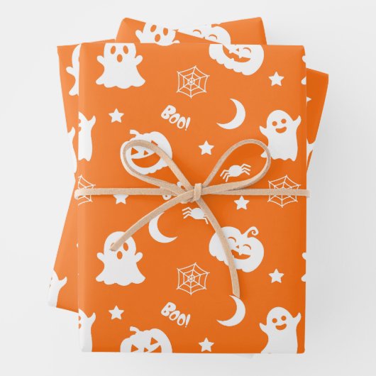 Ghost Pumpkin Spider Moon Oranje Halloween Patroon Inpakpapier Vel (In situ)