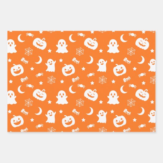 Ghost Pumpkin Spider Moon Oranje Halloween Patroon Inpakpapier Vel (Voorkant)