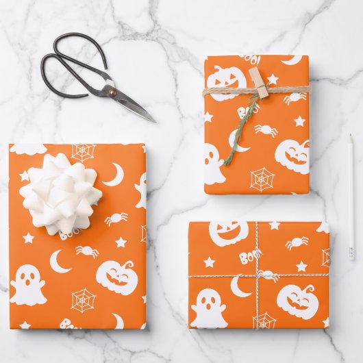 Ghost Pumpkin Spider Moon Oranje Halloween Patroon Inpakpapier Vel (Voorkant)
