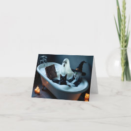 Ghost Reading boek in bad, en zwarte kat bubble Bedankkaart