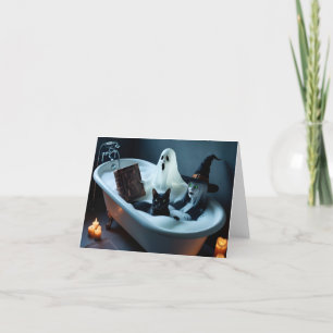 Ghost Reading boek in bad, en zwarte kat bubble Bedankkaart