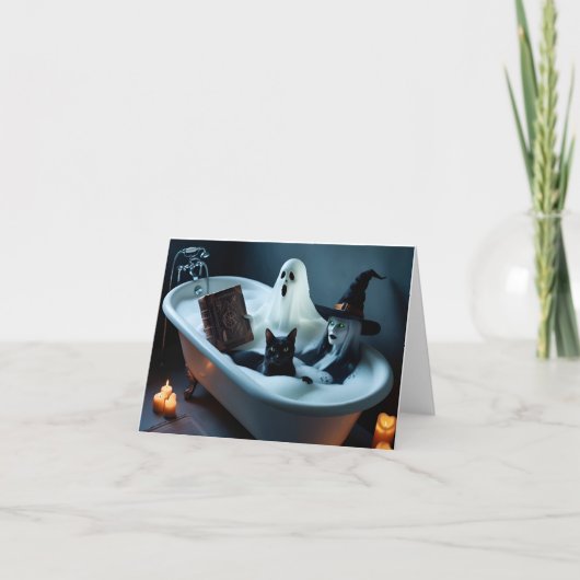 Ghost Reading boek in bad, en zwarte kat bubble Bedankkaart (Voorkant)