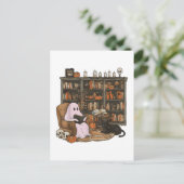 Ghost Reading Boek Kattenliefhebber Halloween Briefkaart (Staand voorkant)