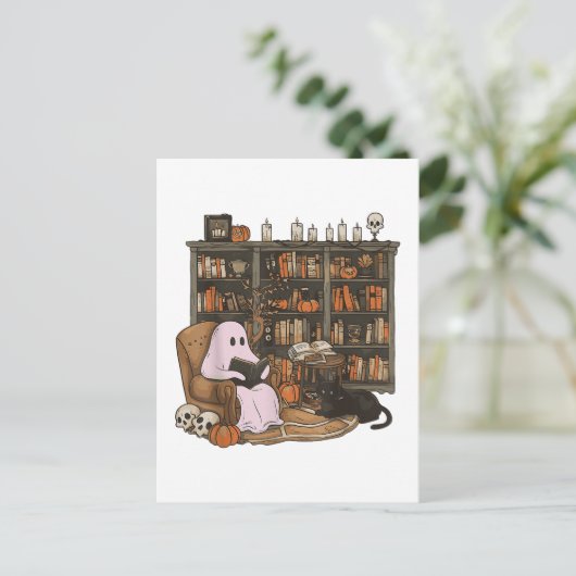 Ghost Reading Boek Kattenliefhebber Halloween Briefkaart (Staand voorkant)