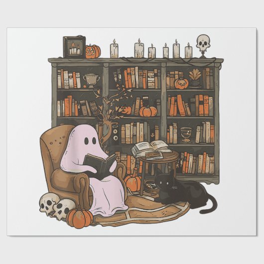 Ghost Reading Boek Kattenliefhebber Halloween Cadeaupapier (Vlak)