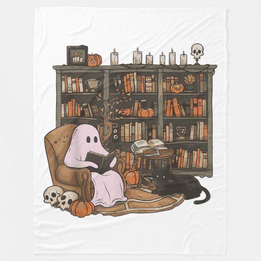 Ghost Reading Boek Kattenliefhebber Halloween Fleece Deken (Voorkant)