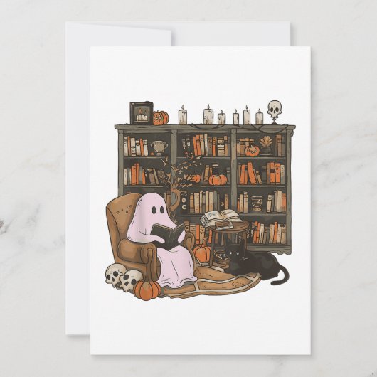 Ghost Reading Boek Kattenliefhebber Halloween Kaart (Voorkant)