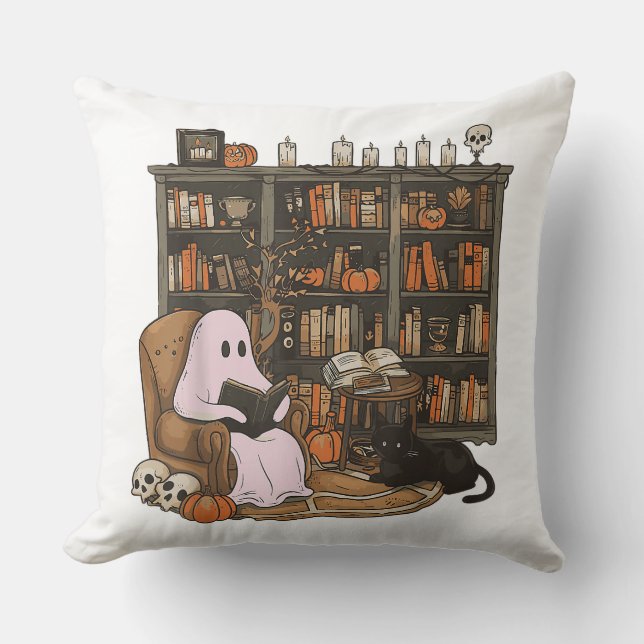 Ghost Reading Boek Kattenliefhebber Halloween Kussen (Voorkant)
