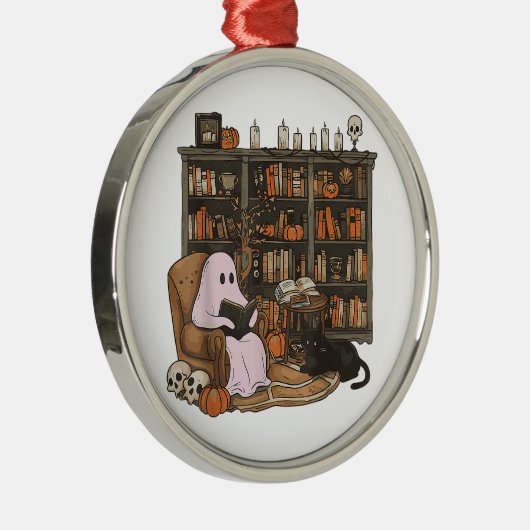 Ghost Reading Boek Kattenliefhebber Halloween Metalen Ornament (Rechts)