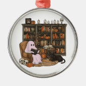 Ghost Reading Boek Kattenliefhebber Halloween Metalen Ornament (Voorkant)