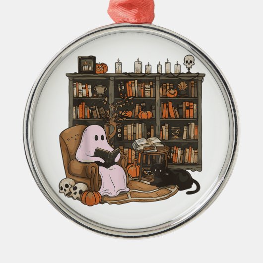 Ghost Reading Boek Kattenliefhebber Halloween Metalen Ornament (Voorkant)