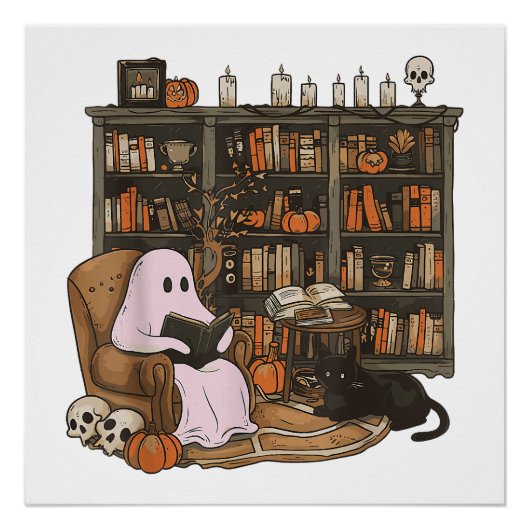 Ghost Reading Boek Kattenliefhebber Halloween Perfect Poster (Voorkant)