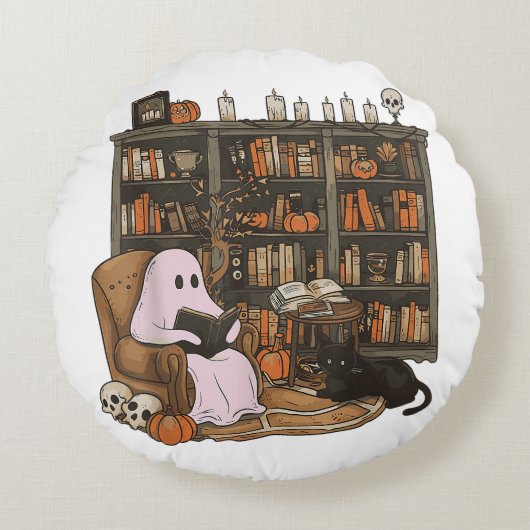 Ghost Reading Boek Kattenliefhebber Halloween Rond Kussen (Voorkant)