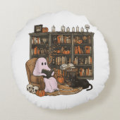 Ghost Reading Boek Kattenliefhebber Halloween Rond Kussen (Achterkant)