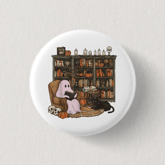 Ghost Reading Boek Kattenliefhebber Halloween Ronde Button 3,2 Cm (Voorkant)
