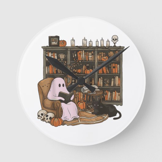 Ghost Reading Boek Kattenliefhebber Halloween Ronde Klok (Voorkant)