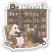 Ghost Reading Boek Kattenliefhebber Halloween Sticker (Voorkant)