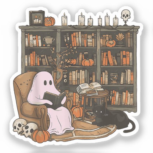 Ghost Reading Boek Kattenliefhebber Halloween Sticker (Voorkant)