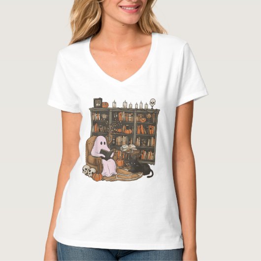 Ghost Reading Boek Kattenliefhebber Halloween T-shirt (Voorkant)