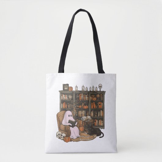 Ghost Reading Boek Kattenliefhebber Halloween Tote Bag (Voorkant)