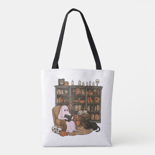 Ghost Reading Boek Kattenliefhebber Halloween Tote Bag (Achterkant)