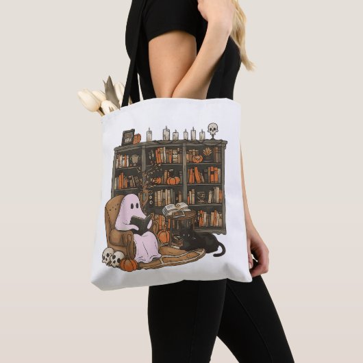 Ghost Reading Boek Kattenliefhebber Halloween Tote Bag (Dichtbij)