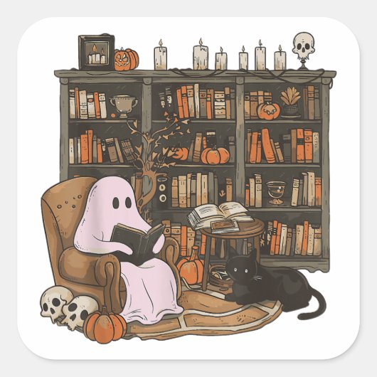 Ghost Reading Boek Kattenliefhebber Halloween Vierkante Sticker (Voorkant)