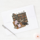 Ghost Reading Boek Kattenliefhebber Halloween Vierkante Sticker (Envelop)