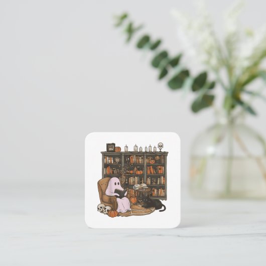 Ghost Reading Boek Kattenliefhebber Halloween Vierkante Visitekaartje (Staand voorkant)