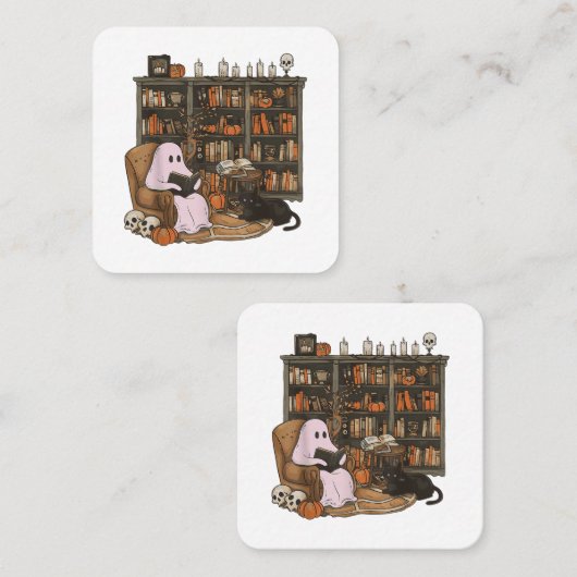Ghost Reading Boek Kattenliefhebber Halloween Vierkante Visitekaartje (Voorkant / Achterkant)