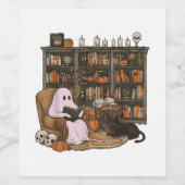 Ghost Reading Boek Kattenliefhebber Halloween Wijn Etiket (Enkel label)