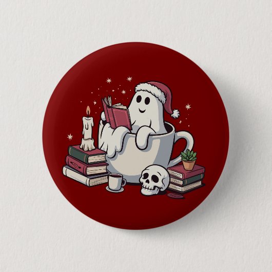 Ghost Reading Boeken Kerstleraar Boekenwurm Ronde Button 5,7 Cm (Voorkant)