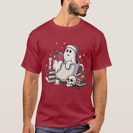 Ghost Reading Boeken Kerstleraar Boekenwurm T-shirt (Voorkant)
