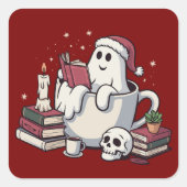 Ghost Reading Boeken Kerstleraar Boekenwurm Vierkante Sticker (Voorkant)