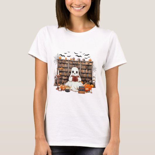 Ghost Reading Books Boekachtige leraar Halloween K T-shirt (Voorkant)