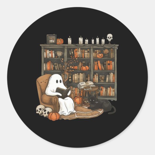Ghost Reading Books Librarian Teacher Halloween Ronde Sticker (Voorkant)