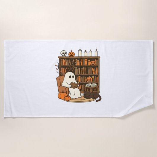 Ghost Reading in Cozy Halloween Library Classic T- Strandlaken (Voorkant)