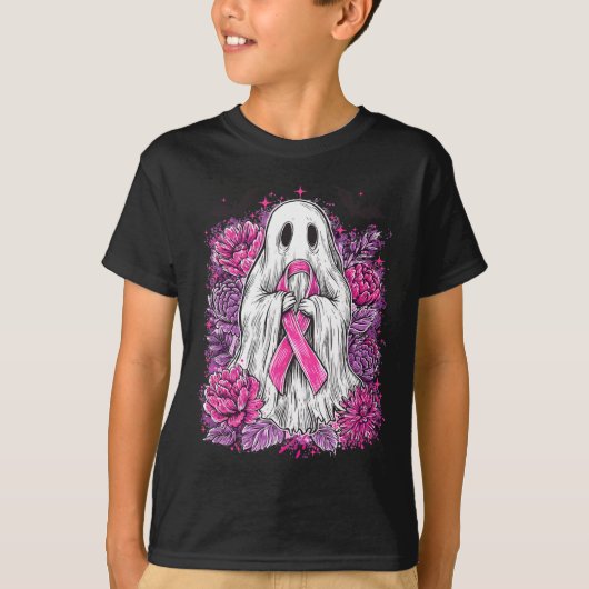 Ghost Ribbon Borstkanker Bewustzijn Halloween Flo T-shirt (Voorkant)