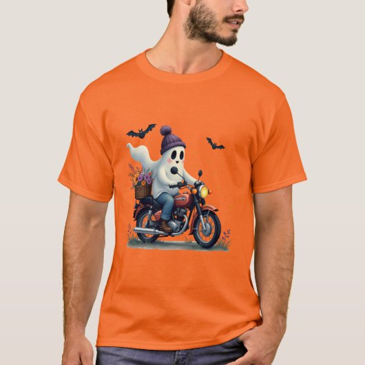 Ghost Riding Motorcycle met Bloemen Halloween T-shirt (Voorkant)
