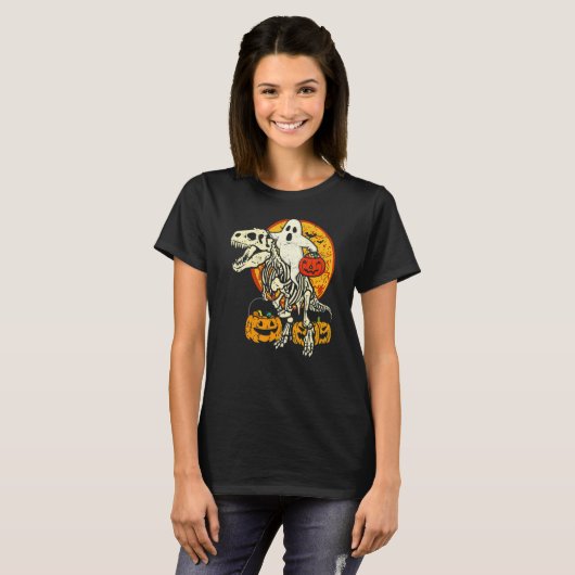 Ghost Riding Skull Dinosaur Halloween Skeleton Rex T-shirt (Voorkant volledig)
